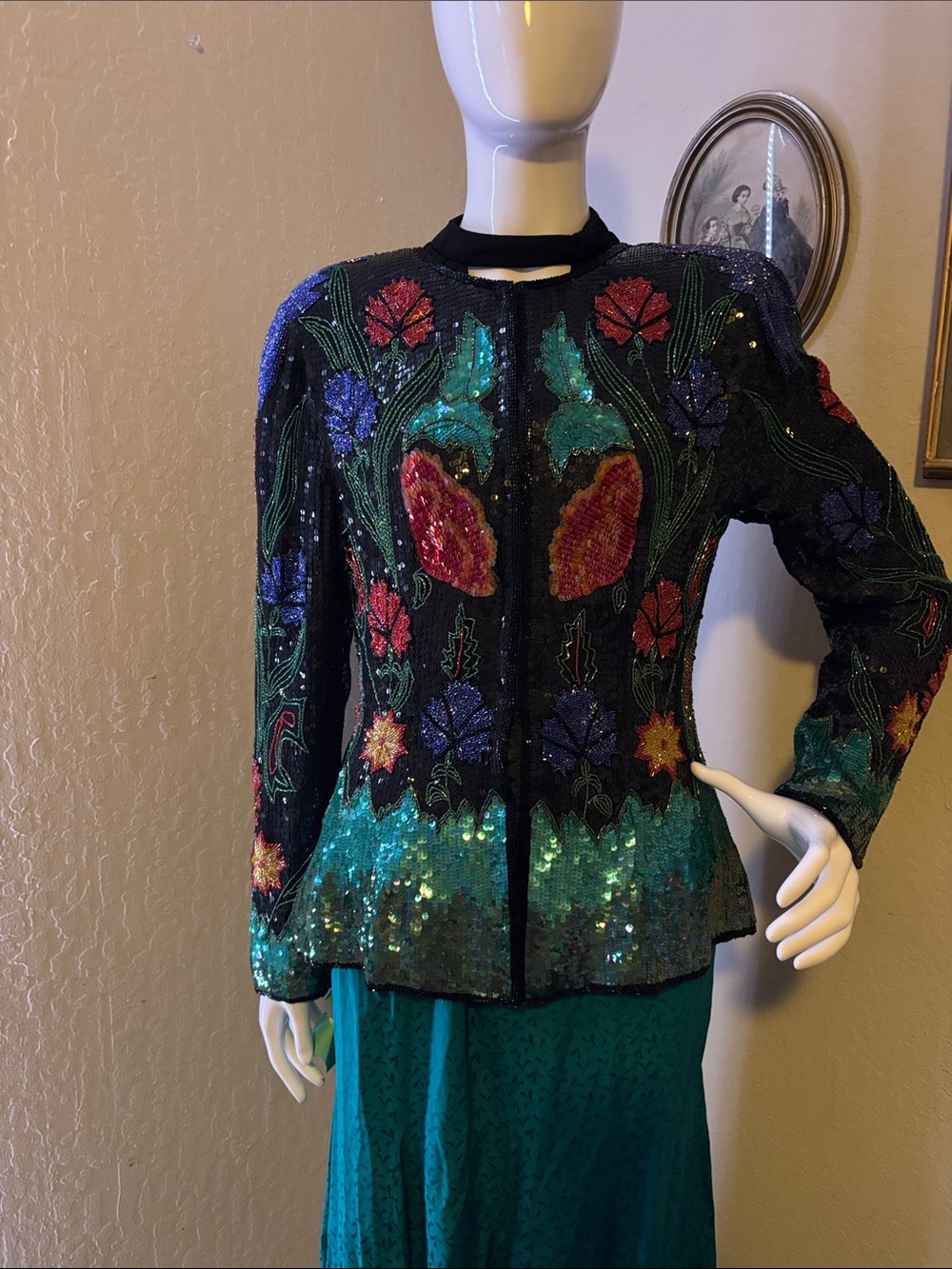 Beaded Floral Sequin Blazer Jacket - Black with Teal Accents